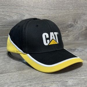 CAT Caterpillar Hat Cap Strap Back Black Yellow Embroidered Cotton Workwear Mens